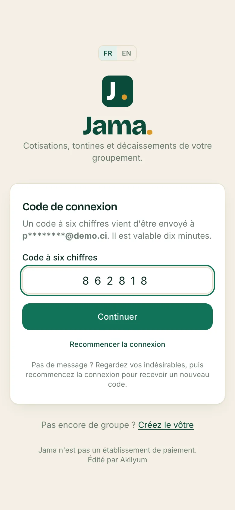 Saisie du code à six chiffres reçu par e-mail