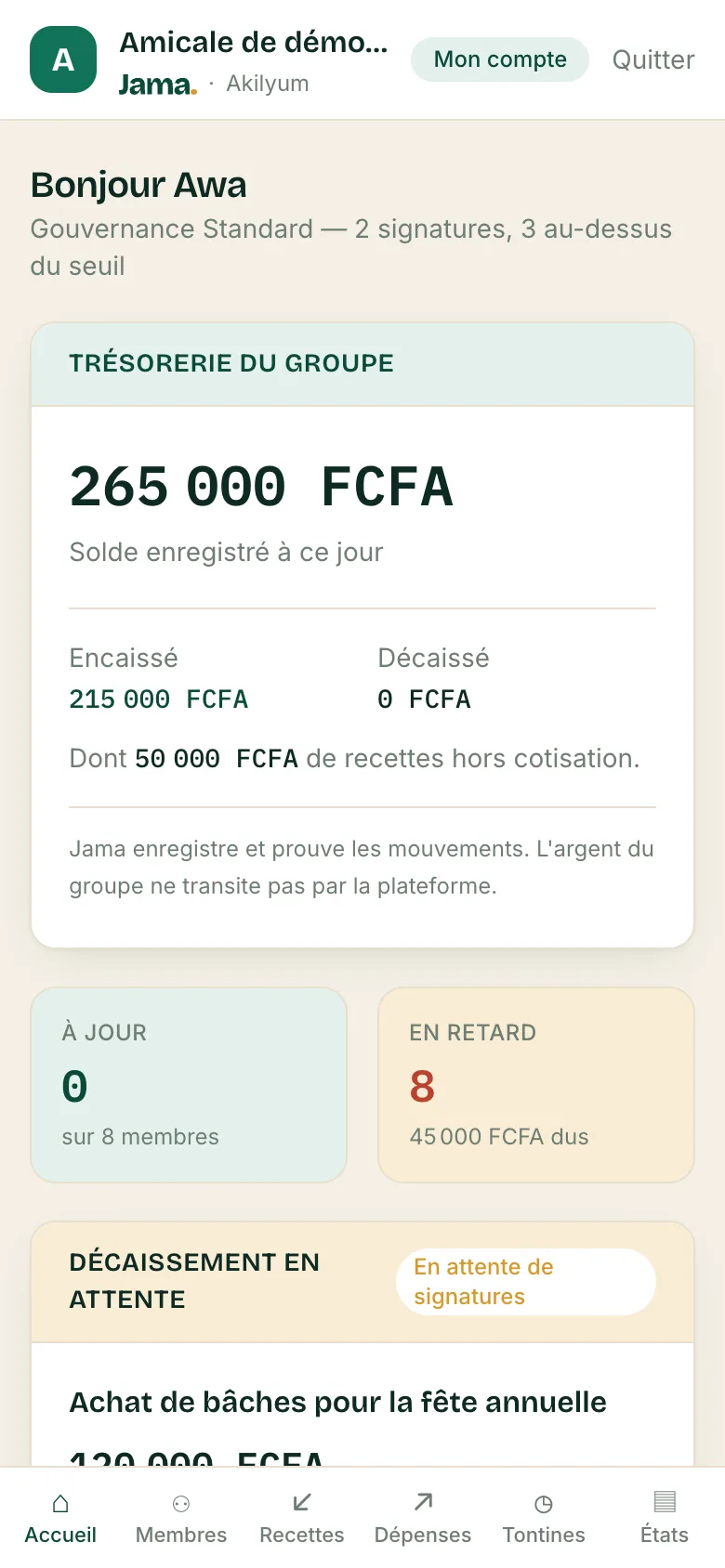 Tableau de bord : solde, membres à jour et en retard, dépense en attente