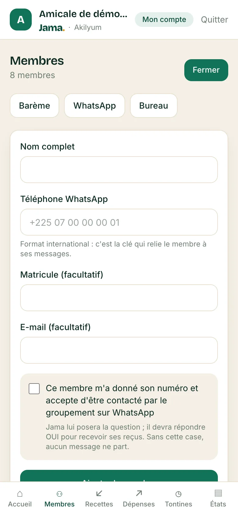 Formulaire d'ajout d'un membre
