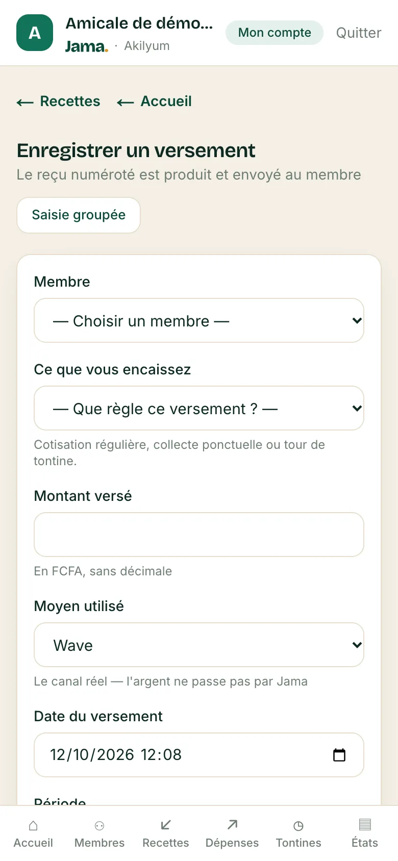 Formulaire d'enregistrement d'un versement