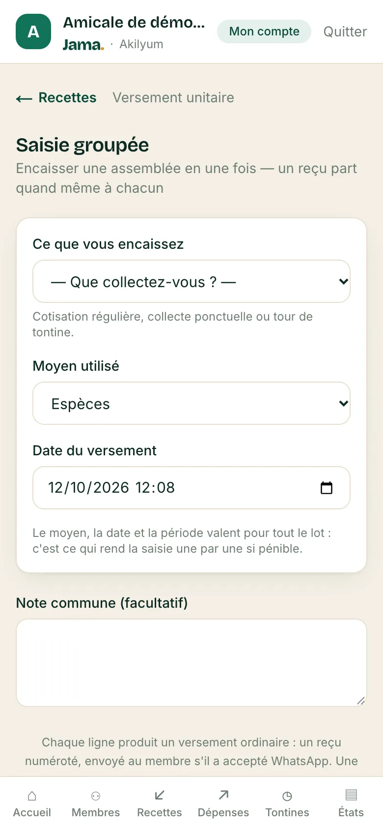 Saisie groupée des versements