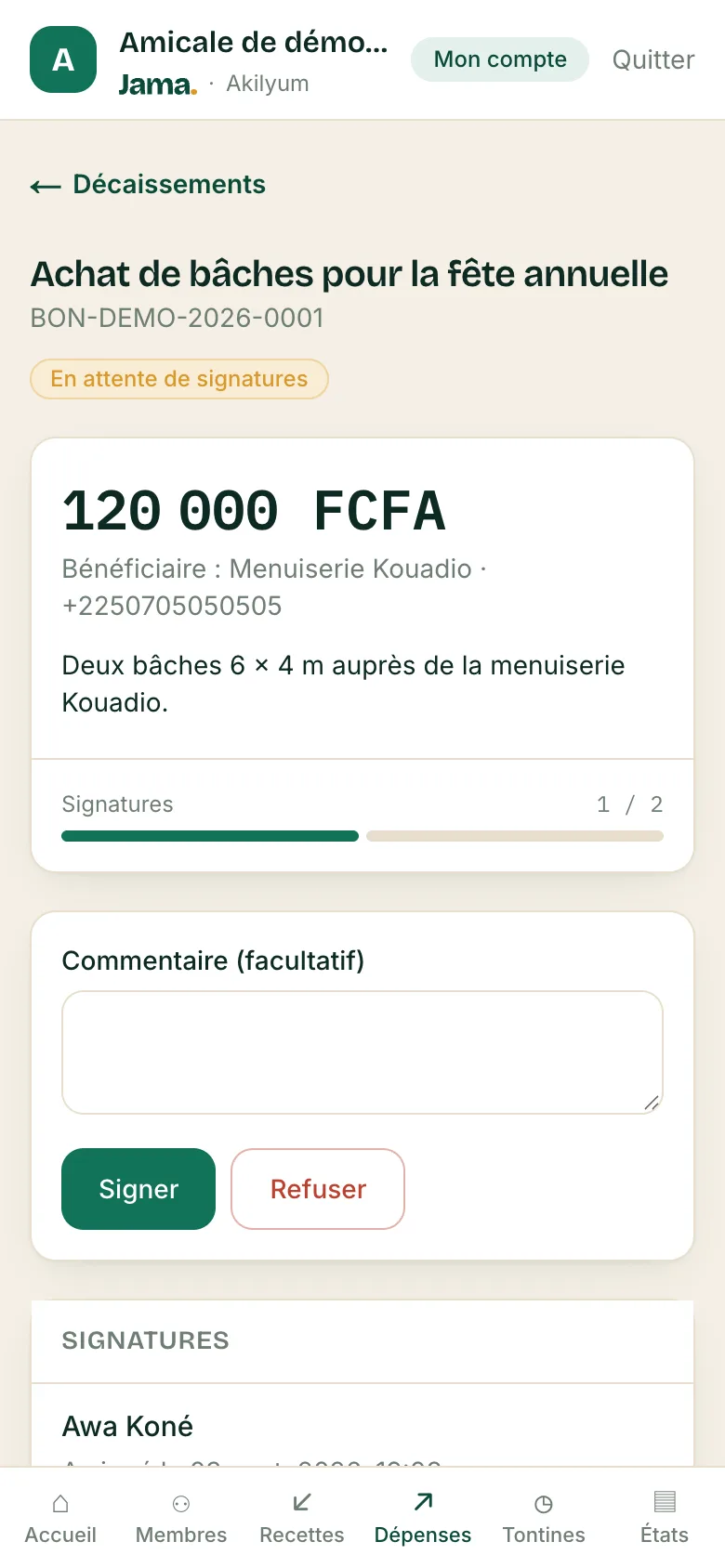 Une dépense en attente : boutons Signer et Refuser
