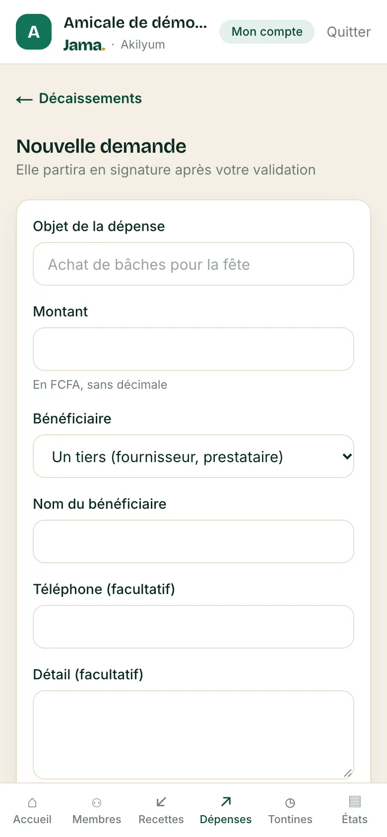 Formulaire de nouvelle demande de dépense