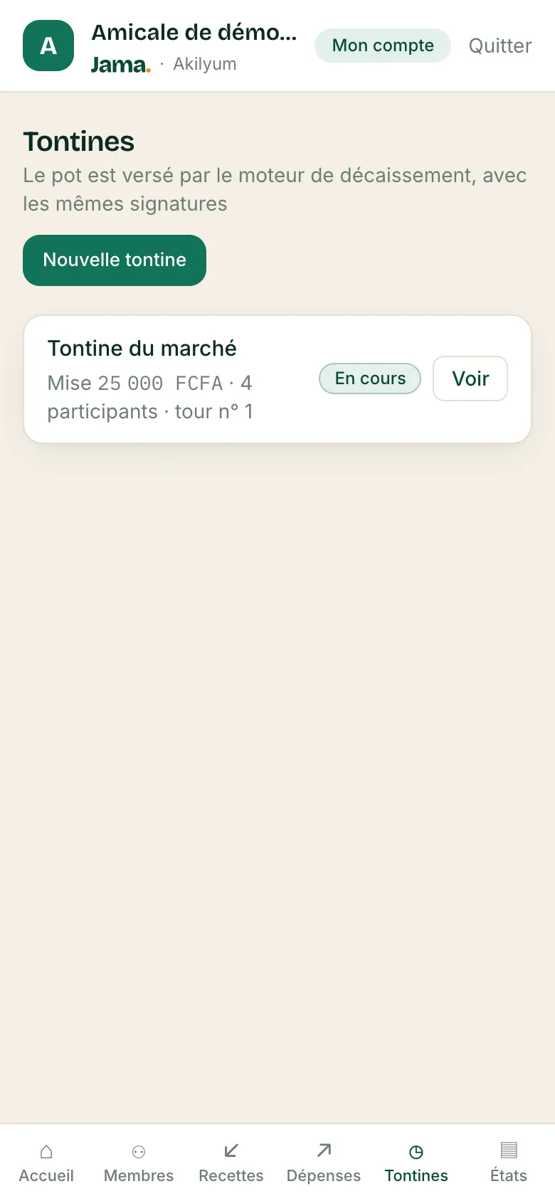 La liste des tontines et le bouton Nouvelle tontine