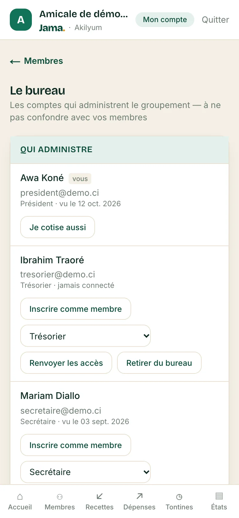 Les comptes du bureau et leurs actions