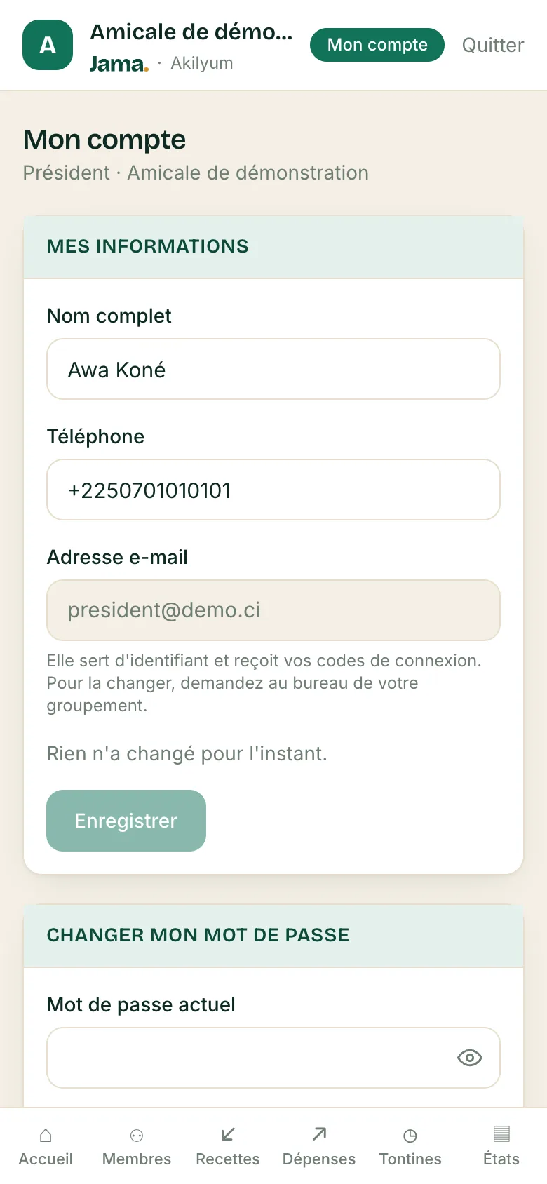 Mon compte : informations et mot de passe